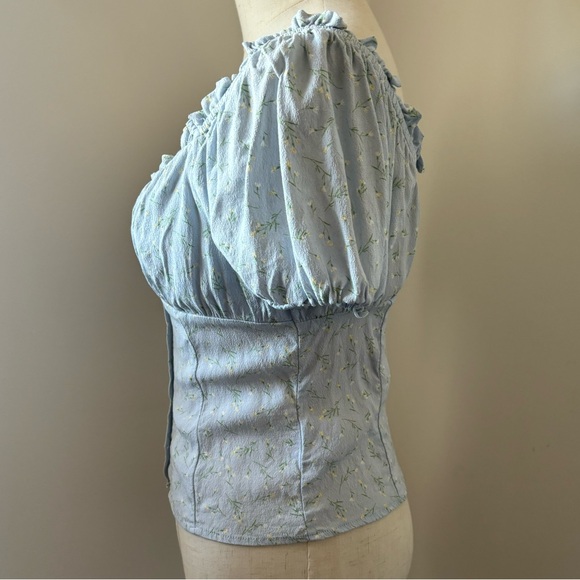 Elodie Light Blue w/ Delicate Floral Print Short Puff Sleeve Bodice Style Top - Picture 2 of 12